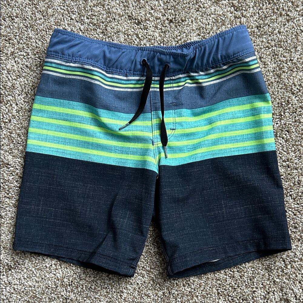 Hurley Kid's Blue and Green Striped Swim Shorts, Size 4